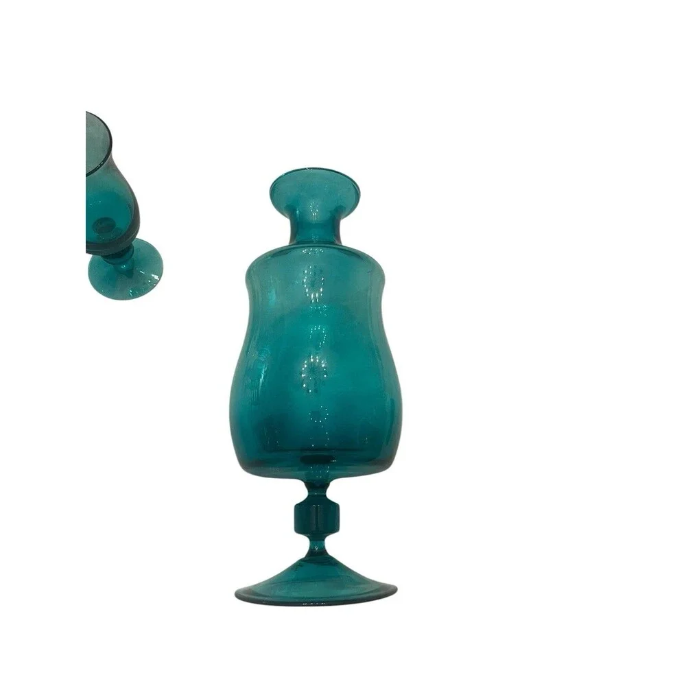 Vintage Teal Blue Art Glass 1 Decanter 6 Wine Glass Very Beautiful Rare!